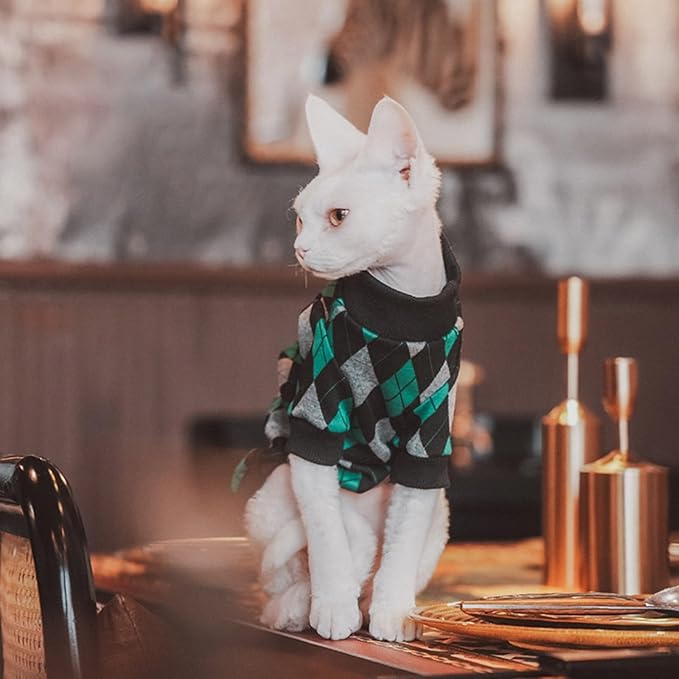 Vintage Mulan Cotton Sphynx Hairless Cats Shirt Cat Turtleneck Pet Clothes Kitten T-Shirts with Sleeves for Sphynx Cornish Rex, Devon Rex, Peterbald (XX-Large, Rhombus)