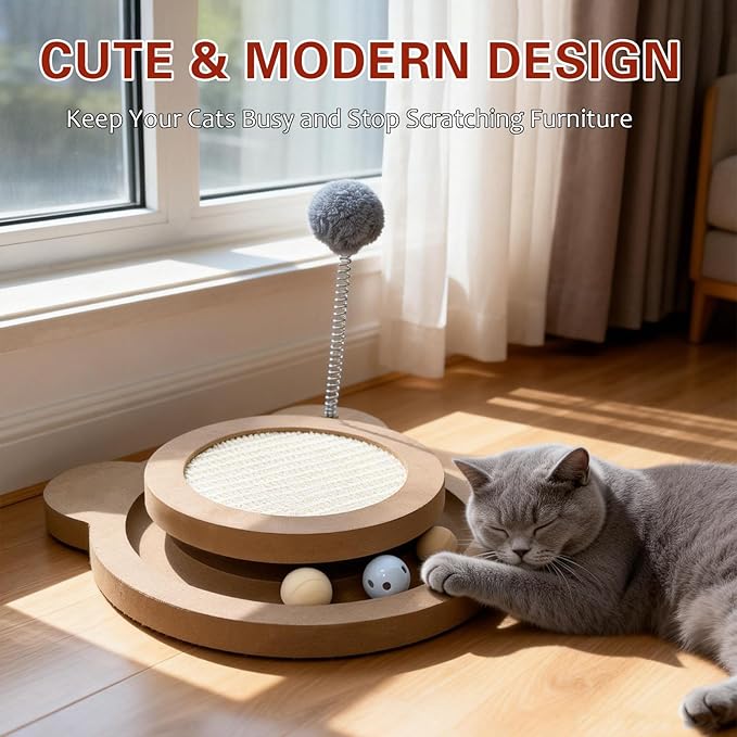 Cute Cat Scratcher,Interactive Scratcher Toys for Indoor Cats and Kitten Natural Sisal Cat Scratch Mats Track Balls Spring Toy