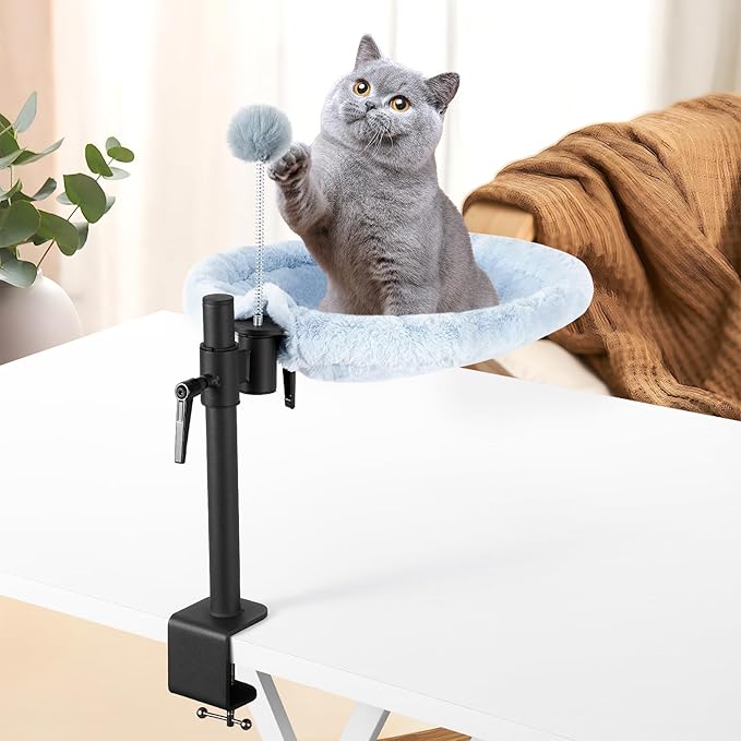 Odoland Cat Desk Bed, 360° Rotatable Adjustable Height Cat Hammock Bed for Home Office, Comfortable Soft Desk Kitten Nest with 2 Washable Fabrics for All Seasons