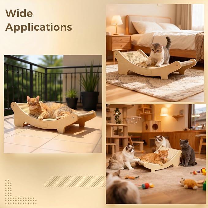 Large Sisal Cat Scratcher Bed, 19.7 x 13 x 6.7 in Wooden Cat Furniture, E0 Grade Solid Wood Cat Hammock Lounge Chair, Beige Cat Scratching Board Bed for Playing, Relaxing