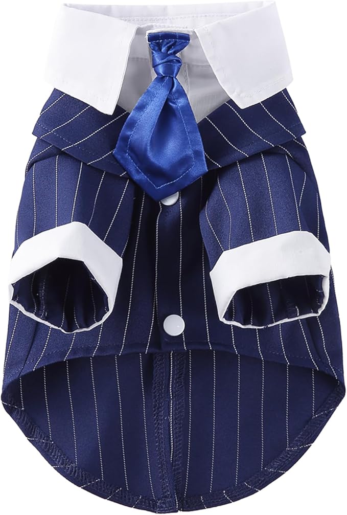 GabeFish Pets Wedding Jackets Suit for Dogs with Bow Tie Puppy Cat Formal Clothes Shirt Tuxedo (BlueStriped, S (Chest 12.9in/33cm)