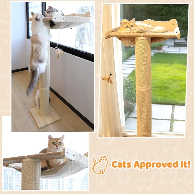 Cat Window Perch Hammock with 3-Piece Detachable Roman Column Sisal Scratching Posts, Drill-Free Suction Cup Mount, Extra Large for Large Cats & Maine Coons, 60 LBS Capacity