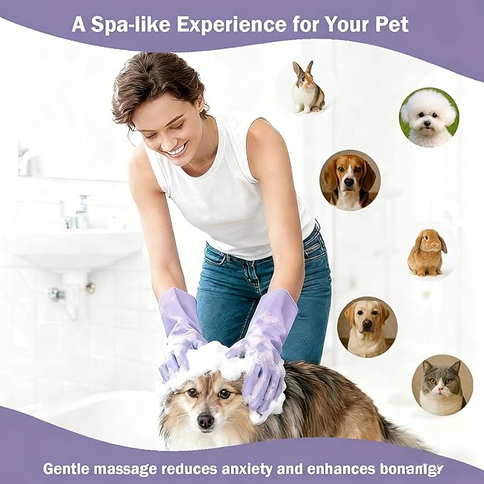 Pet Grooming Gloves for Cats Dogs, 3000 Silicone Grooves Bathing Gloves, Wet Dry Dual Use Washing Massage Gloves, Pet Bath Supplies for Gentle Cleaning Grooming (Purple)