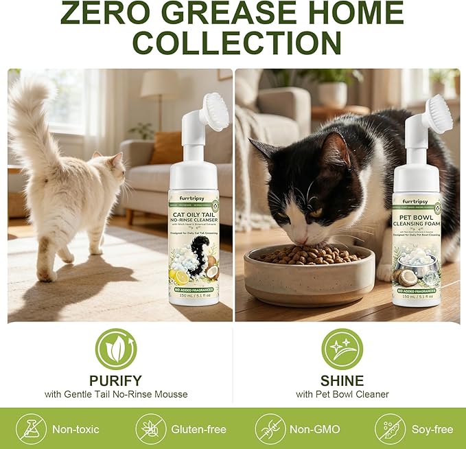 Cat Oily Tail Cleanser-Gentle 2-in-1 Wash Brush-Reduces Oil& Grease-PH Balanced No-Rinse Mousse-Witch Hazel and Sophora Extracts 5.1 fl oz