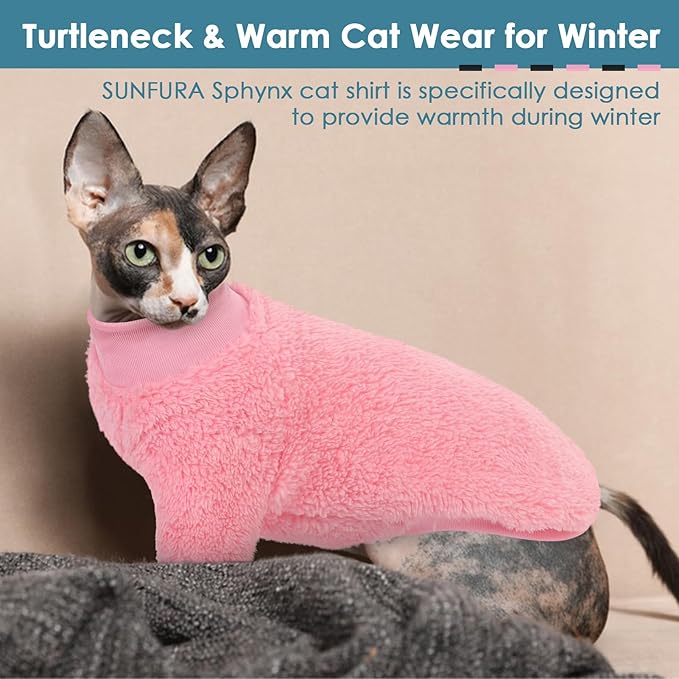 Sphynx Cat Sweater, Hairless Cats Turtleneck Pullover Kitten Sweaters for Cats Only, Warm and Soft Cat Pajamas Shirt with Sleeves Pet Winter Clothes Fleece Jumpsuit for Puppy, Pink M