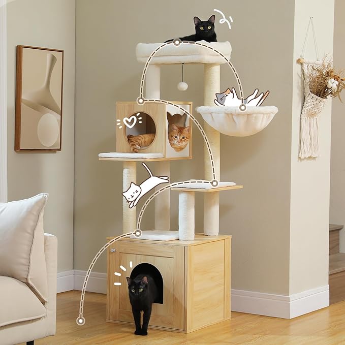 PETEPELA Cat Tree with Litter Box Enclosure, 2-in-1 Wood Cat Tower for Indoor Large Cats, 57.5'' Cat Condo with Scratching Posts, Cozy Hammock and Repalcable Dangling Balls, Beige