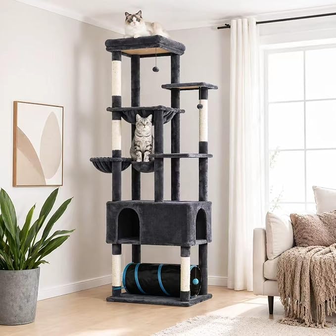 PETEPELA 78.9" Extra Tall Cat Tree for Large Cats, Large Cat Tower with 2 Enlarged Hammocks, Big Condo, Oversized Perch & Cat Tunnel, Multi-Level Cat Furniture for Maine Coons & Big Cats, Dark Grey