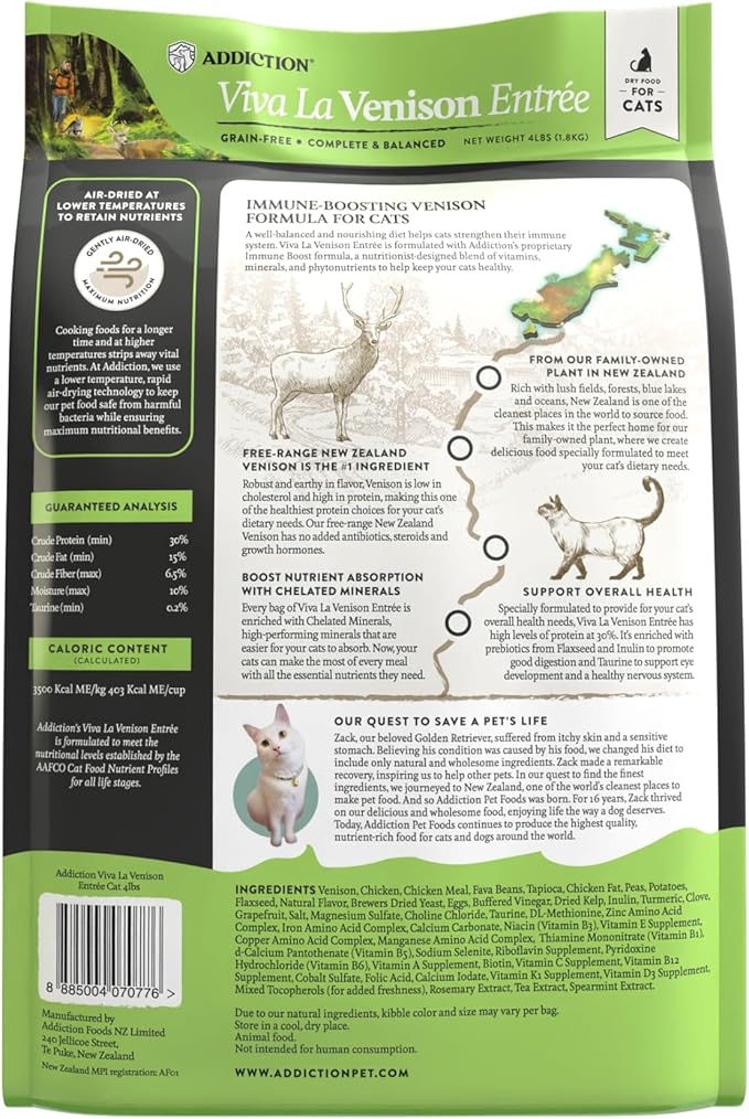 Addiction Viva La Venison Grain-Free Dry Cat Food - with Premium Venison to Support Muscle Development & Maintenance - High-Protein Recipe with Chicken & Low Carb - Made in New Zealand 4lb (4-pk)