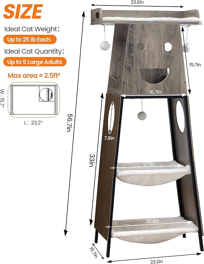 Modern Wood Cat Tree for Indoor Cats, 56 Inch Tall Cat Tower with Hammock, Multi-Level Trees with Perch Bed, 2 Hammock, Cat Condo, Scratching Board, Removable Pads, Cat Furniture, Greige