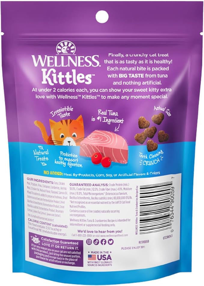Wellness Kittles Crunchy Cat Treats, All Lifestages, Kitten to Senior, Natural, Grain Free, Tuna and Cranberry Flavor, 6 oz Bag