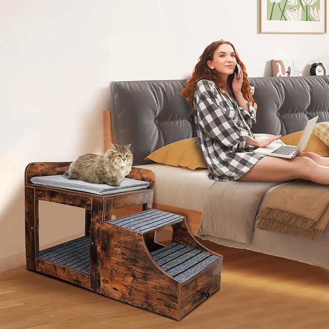 Pet Bunk Bed for Cats, Multi-Level Pet Window Perch Seat Platform with Removable Stairs and Mats for Cats and Dogs, Pet Bed Couch with Drawers for Bedside, Home, Indoor Use, Brown