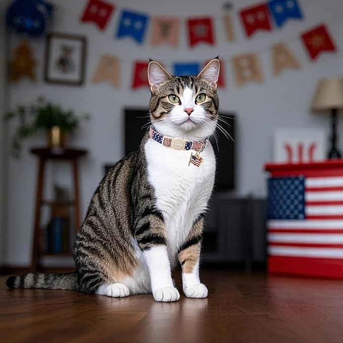 2 Pack American Flag Cat Collars Breakaway with Bell, DOGWONG Safety Buckle Independence Patriotic Cute Cat Collar for Girl Boy Cats,Adjustable 7-12 Inch
