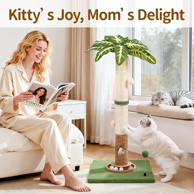 Cat Scratching Post Tall Vertical for Indoor Cats, 35" Palm Tree Leaves Sisal Pole for Large Cats Kittens, Heavy Duty Wooden Carpet Pole with Interactive Track Balls, Furniture Protection