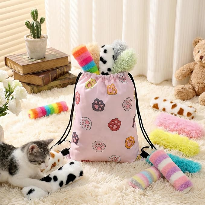 Leitee 12 Pcs Cat Toys Pillows Bulk with 1 Cat Paw Gift Storage Bags Set Interactive Kitty Toys Variety Furry Color Soft and Durable for Kitty Exercise Valentine's Day Plush Gifts