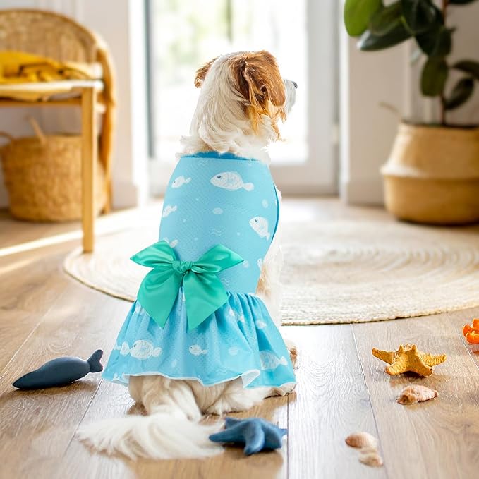 2-Pack Dog Summer Dress Breathable Puppy Cat Dresses with Bowknot Pet Summer Cool Outfits Skirts with Sea Fish Dolphin Patterns for Small Medium Dogs S