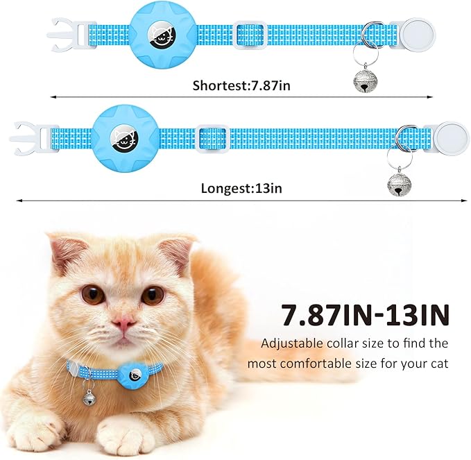 Apple AirTag Cat Collar, GPS Tracker with Reflective Breakaway Design, Lightweight Kitten Collar with Bell (Gray/Luminous Blue)