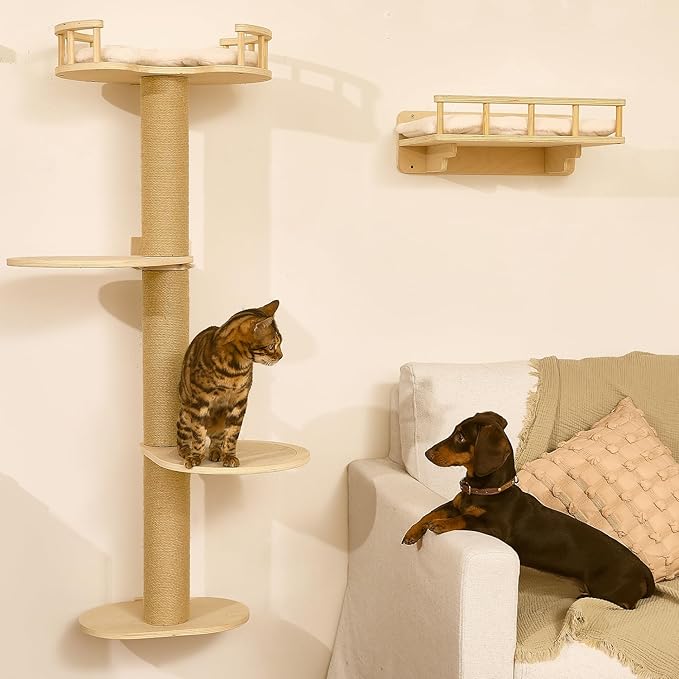 FUKUMARU Cat Wall Shelves, 4 in 1 Stable Wooden Wall-Mounted Furniture Set, Climbing Tree with Hammock, Bed, Perch and Scratching Mat (Beige)