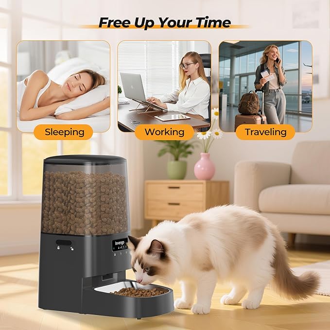 Automatic Cat Feeder with App Control, 5L Food Dispenser for Cats and Small Dogs, 2.4/5G Wi-Fi, Programmable Portions, Anti-Jam & Fresh-Lock, Stainless Steel Bowl, Easy to Clean