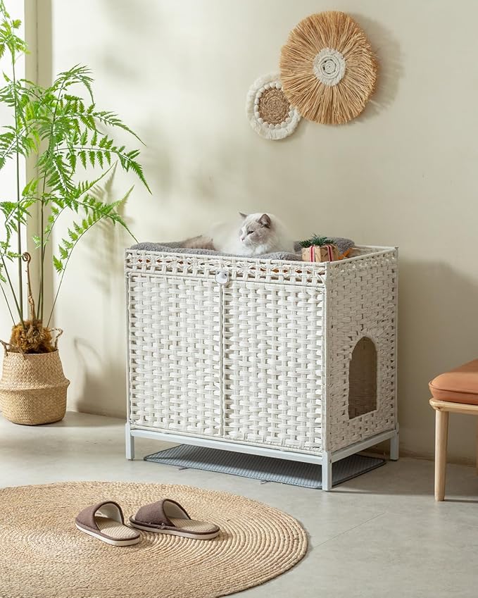 SETVSON Cat Litter Box Enclosure Furniture, Hidden Handwoven Rattan Litter Box with Mat, Large Cat House with Metal Heightened Feet, 30.3 x 18.3 x 28 Inches, Indoor for Living Room, Bedroom White