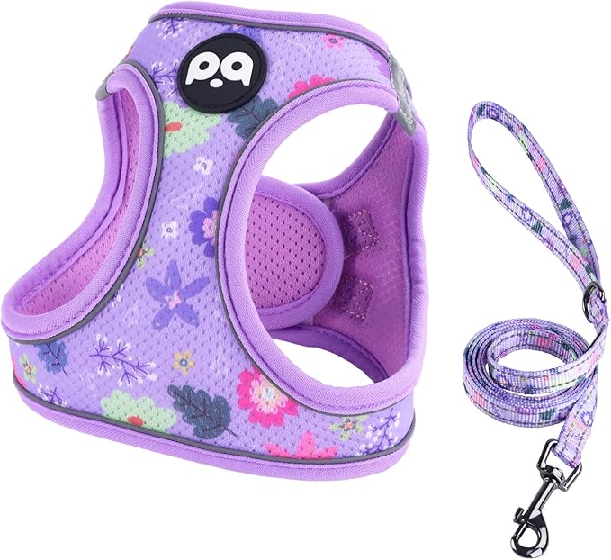 QQPETS Cat Harness and Leash Set for Walking Escape Proof, Safe Adjustable Kitten Vest with Reflective Strips, Easy Control Soft Mesh Lightweight Jacket (Floral Purple, S(Chest 15”-15.7”))