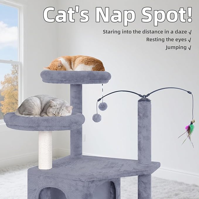AIWIKIDE Big Cat Tree, Cat Tower with Multi-Level Condo, Hammocks, Rotating Toy (Grey, 63.4'')