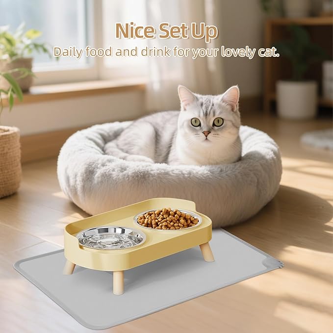 Elevated Cat Bowl with Food Mat, Raised Cat Food and Water Bowl Set for Indoor Cats, Splash Proof with 2 Stainless Steel Pet Food Bowls for Cat and Puppies,Whisker Fatigue and Dishwasher Safe (Yellow)