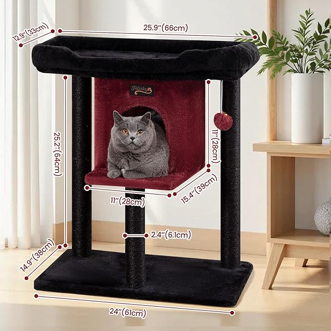 Cat Tree Tower Scratching Post for Indoor Large Cats, Small Cat Tree with Big Perch Bed, 28in Tall Trees House with Condo Cave, Toy Balls, Modern Climbing Furniture Platform for Kitten (Black)