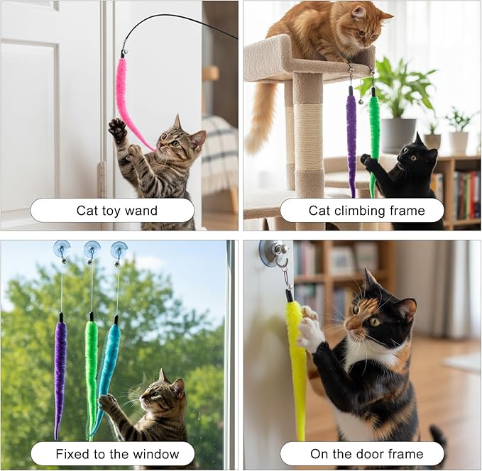 Larrel 8PCS Cat Worm Toy Replacement, Cat Wand Toy Accessories, Soft Worm Cats Toys Teaser with Bell, Fuzzy Worms Toys Attachments Replacements for Indoor Cats and Kitten (8 Colors)