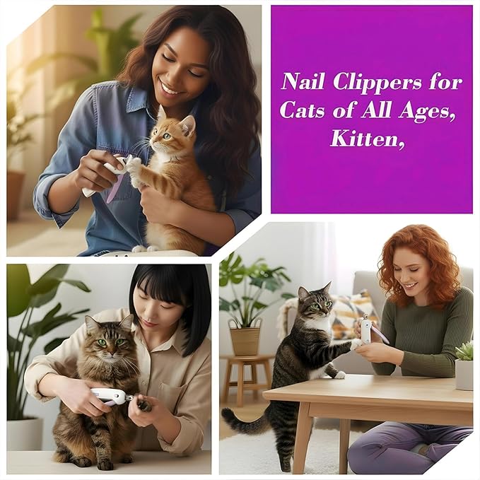 Safe Cat Nail Clippers with Adjustable Trimming Hole – Anti-Splash Claw Cutters with Hidden Nail File, Safe Toenail Trimmer for Kittens & Indoor Cats, No-Stress Grooming Tool