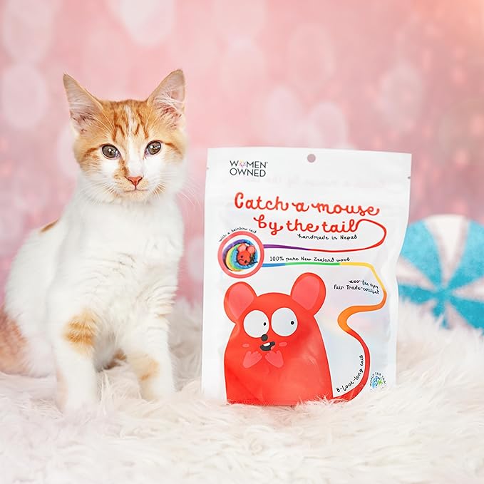 Catch a Mouse Wool Cat Toy with a 6-Ft Tail for Indoor Cats & Kittens. Cute Toy Mouse, Rat Plush Toy, Fake Mice. No Catnip. Pride (Rainbow)