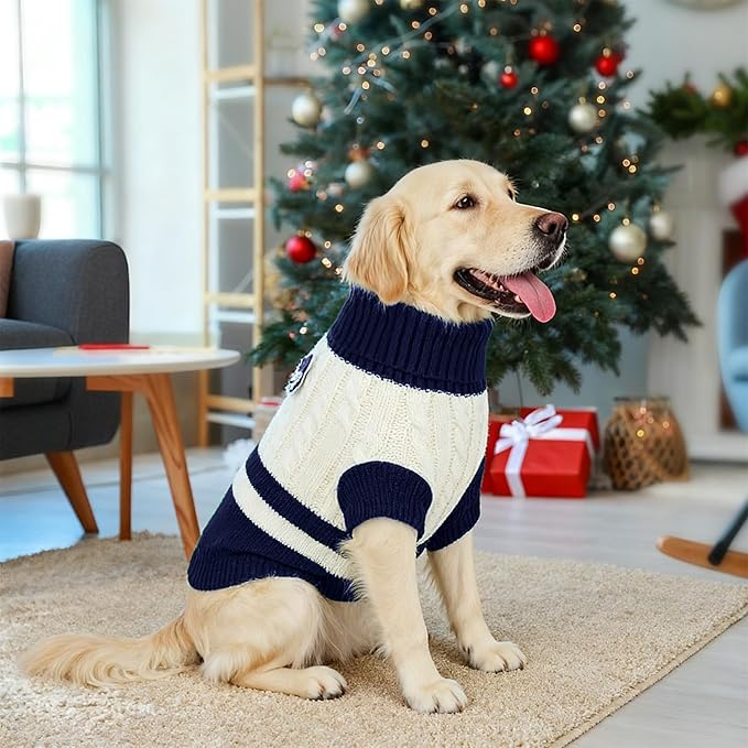 Dog Sweater Knitted for Small to Large Dogs Boy Girl, Classic Turtleneck Dog Christmas Sweaters, Warm & Soft Pet Clothes for Winter (Love Blue, 2XL)