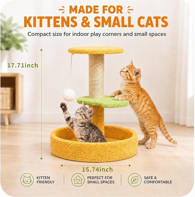 3-Level Small Cat Scratching Post with Cat Bed, 17.71" Cat Tree for Kittens, Sisal Scratcher with Hanging Ball, 15.74" Stable Base, Easy to Assemble for Indoor Cats Play, Furniture Protection