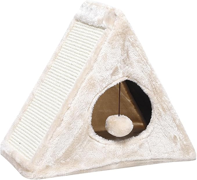 Cat Bed, 18"x10"x15.5" Creamy White Foldable Cat Beds for Indoor Cats, Cat House with Scratcher Board for Small Cats and Kittens