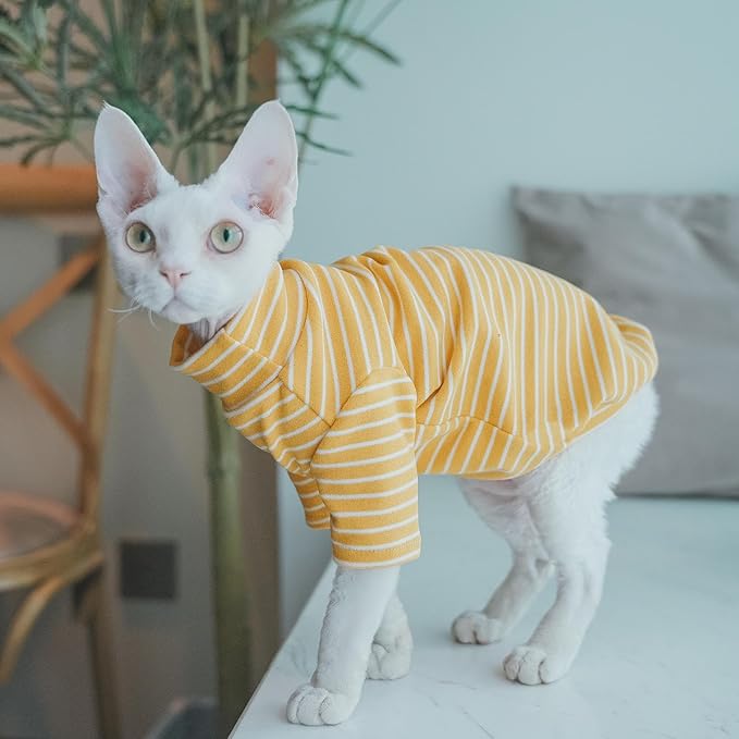 Sphynx Cats Warm Fleece Shirt Cat Turtleneck Undershirt Thermal Hairless Cat Clothes for Sphynx, Devon, Cornish Cat Clothes and Small Kitten and Dogs (Yellow Bold Stripe, X-Large)