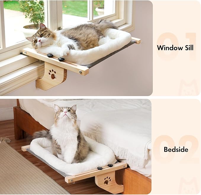 AMOSIJOY Cat Sill Window Perch Sturdy Hammock Window Seat with Cushion Bed Cover, Wood & Metal Frame for Large Cats, Easy to Adjust Cat Bed for Windowsill, Bedside, Drawer and Cabinet(Cushion Bed)