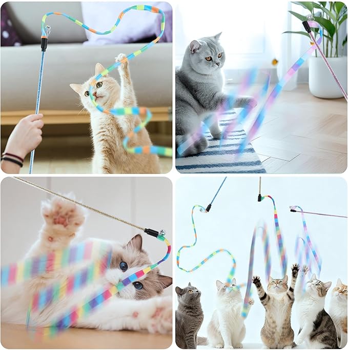 Hianjoo Cat Wand Toy 3 Pack, Interactive Cat Toys Rainbow Teaser Wand String Plush Toy for Indoor Cats, Colorful Funny Sticks with Bell for Kitten Cats Catcher Having Fun Exercise Playing