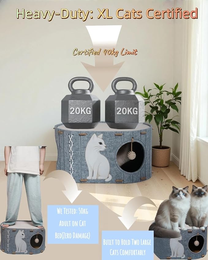 Cat House for Indoor Cats – Felt Covered Cat Bed Cave with Sisal Ball & Reversible Cooling & Warming Pad, Enclosed Hideaway Condo for Large Cats & Kittens, Cozy Multi-Cat Furniture, Gray