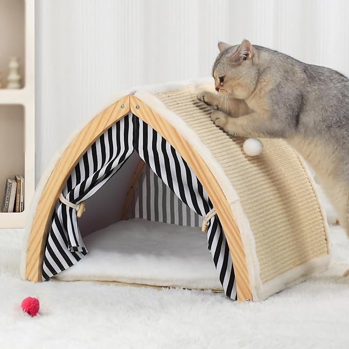 Cat House, Cat Beds for Indoor Cats, Cat Scratchers with Sisal Scratching Board, Cat Scratcher Bed with Fluffy Ball Hanging, Cat Condo 20x16x16 inches