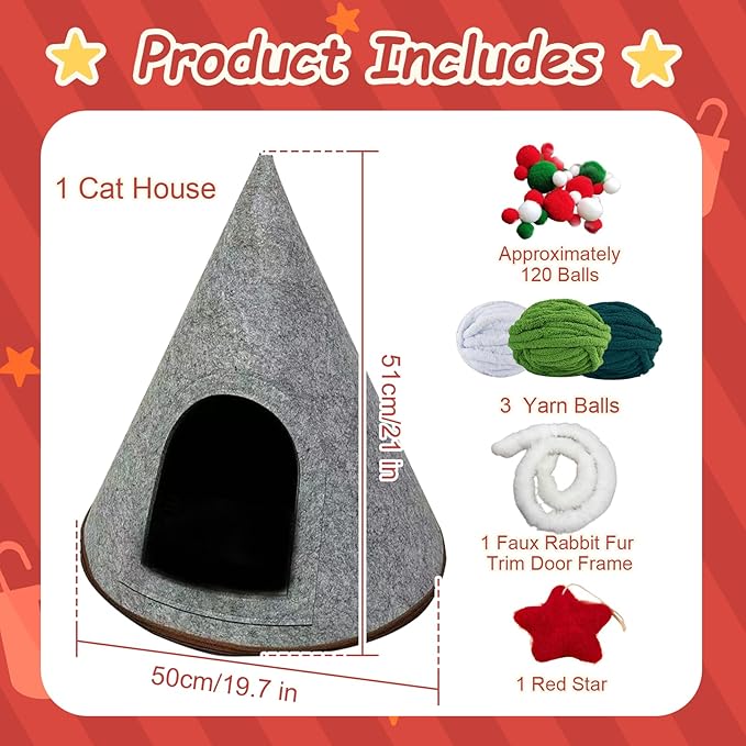 DIY Christmas Tree Cat Bed Set, Christmas Pet Tree House Package, DIY Felt Xmas Cave, Indoor Kittens Felt Nest Cats Hideaway, Teepee Furniture Decorations for Family & Friends (B, Under 12lb)