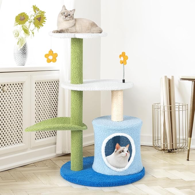Tangkula Cute Cat Tree, Flower Cat Tower with Sisal Scratching Post, Plush Leaf-Shaped Perch, Roomy Condo, Fluffy Spring Ball & Jingling Ball, Small Cat Tree for Indoor Cats 20 lbs Heavy Duty