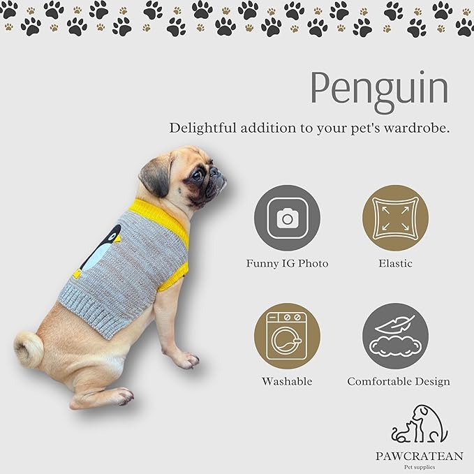 Cute Sweater for Dogs and Cats Soft Flannel Pet Outfit Warm and Cozy Animal Hoodie Small to Large Pet Clothes for Halloween Parties and Everyday Wear (Small, Grey Pinguin)