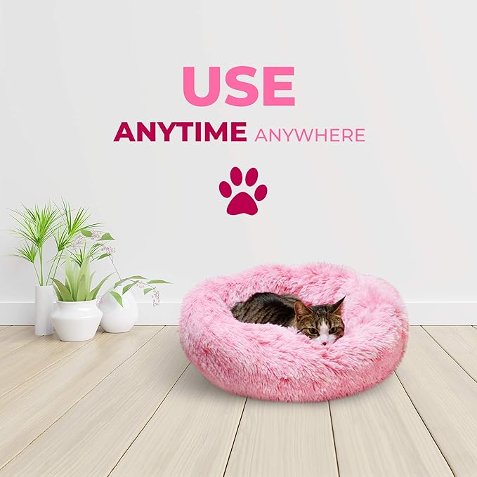 Whiskers & Friends Cat Beds for Indoor Cats, Fluffy Calming Donut Cat Bed, Small Dog Bed Washable - Orthopedic Soft Plush Pet Beds Sized for Kitten to Large Cats & Puppy to Small Dogs - Gradient Pink