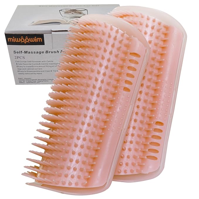 Miwoowim Cat Self Groomer, Extended (6.1"), 2 Pack, Pink, Wall Corner Self Grooming Brush for Indoor Cats, Kitten, Long Short Fur, Massage Comb