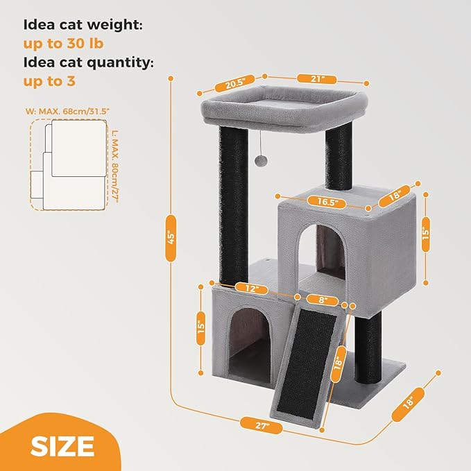 MUTTROS Heavy Duty Cat Tree for Indoor Cats Adult, 45-Inch Cat Tower with Sisal Scratching Ramp, 2 Cat Condo for Extra Large Cats, Big Top Perch, 3 Thick Black Scratching Posts (φ4.3) -Gray