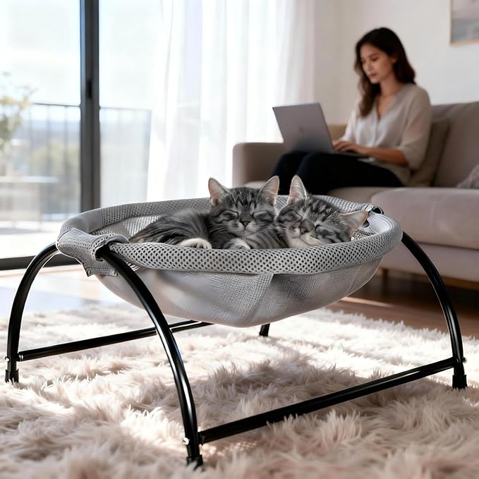 Elevon Elevated Cat Bed, Free-Standing Cat Hammock Bed, Pet Bed with Metal Frame for Indoor Outdoor, Pet Bed Suitable for Summer Machine Washable & Breathable Easy Assembly up to 40lbs