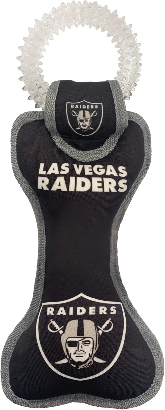Pets First NFL Las Vegas Raiders Football Dental Tough Dog TUG Bone Toy with Built-in Squeaker Attached to a Safe Rubber Teething Toothbrush PET Toy, Team Color, (OAK-3310), 14 x 5