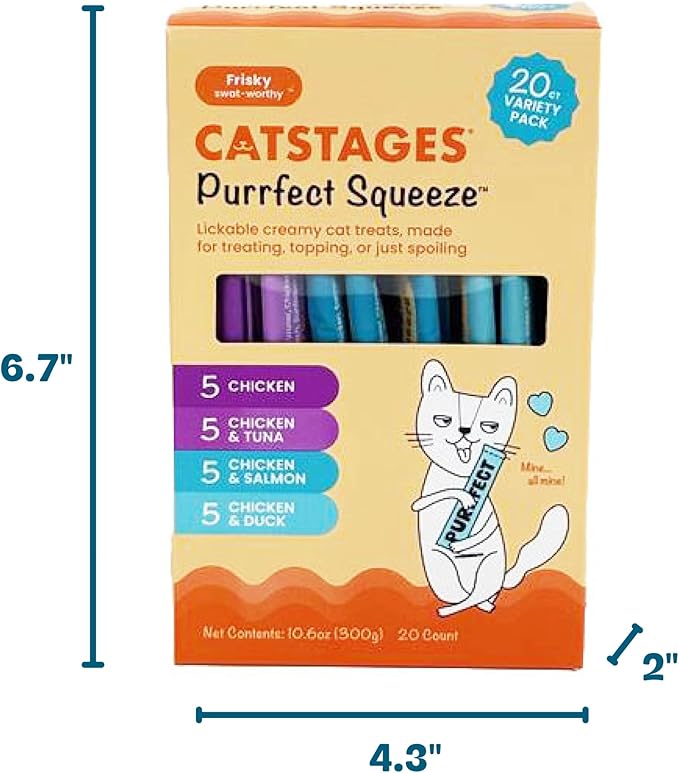 Catstages Purrfect Squeeze Lickable Cat Treats, Creamy Purée Squeezable Treat & Topper, 0.5 oz Tubes, 20-Count, 4-Flavor Variety Pack