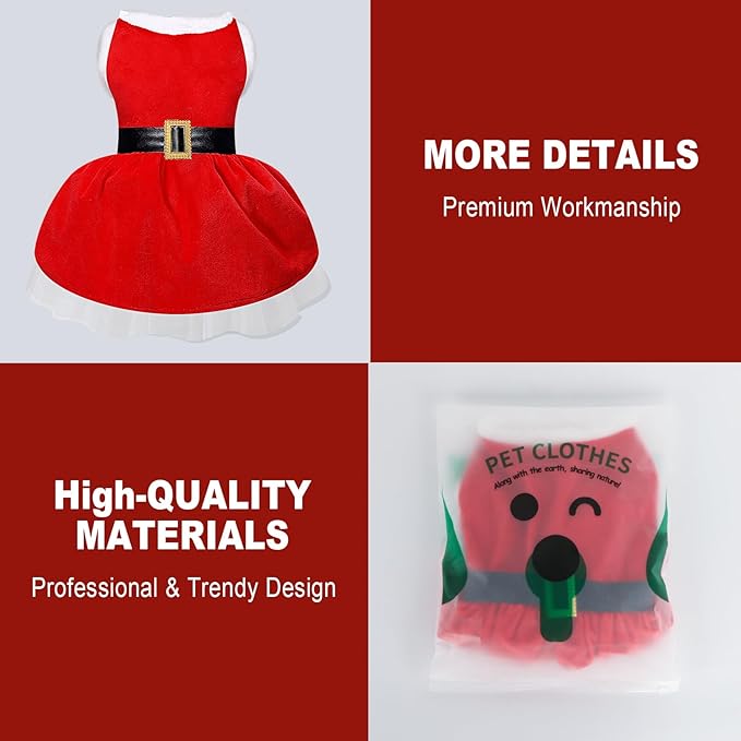 Dog Christmas Dress Santa Costumes: Puppy Girl Dresses Holiday Theme Doggie Xmas Apparel Party Skirts with Belt, Winter Warm Christmas Dog Clothes, Pet Cat Outfit (Red, M)