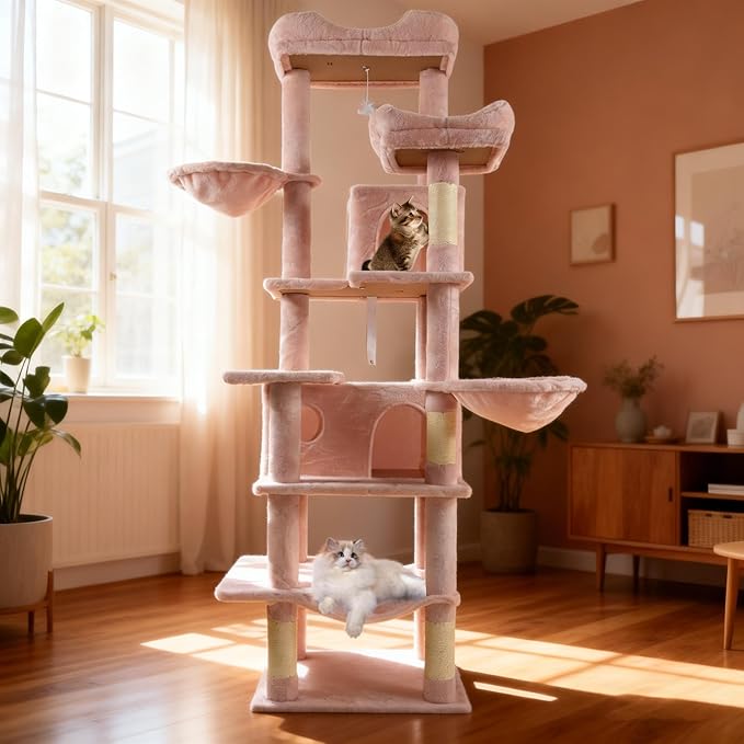 71" Flower Cute Cat Tree for Indoor Cats Large Adult, Tall Cat Tower with Scratching Post & Condo, Hammock, Aesthetic Cats Stand, Modern, Easy Assembly (Pink, 68" Tall)