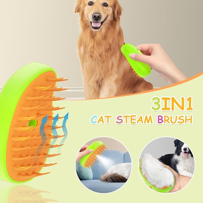 Rechargeable 3-in-1 Silicone Steaming Brush for Detangling and Grooming Pets - Multifunctional Hair Comb for Cats (Yellow)
